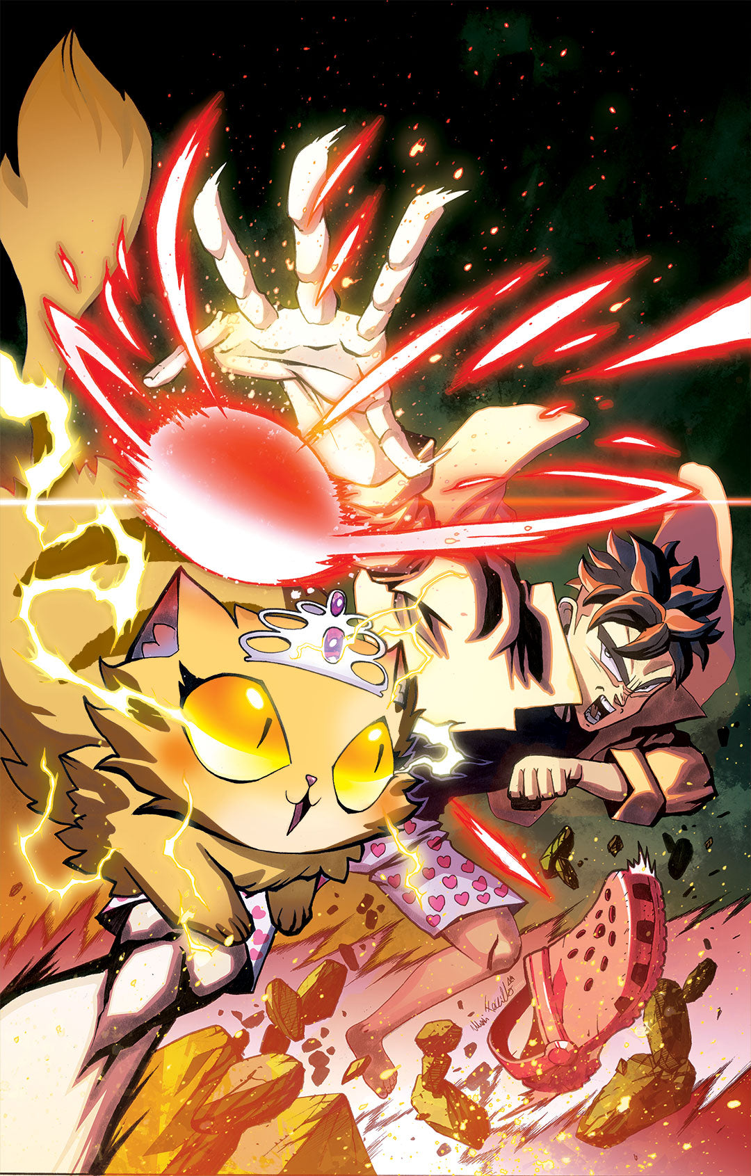 Pokemon style animated Dungeon Crawler Carl with a fiery aura and energy effects in a dynamic pose.
