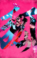 A stylized Mario Foccillo pop-art illustration of fox mask killer from exquisite corpses, holding a katanna, set against a vibrant pink and blue abstract background.